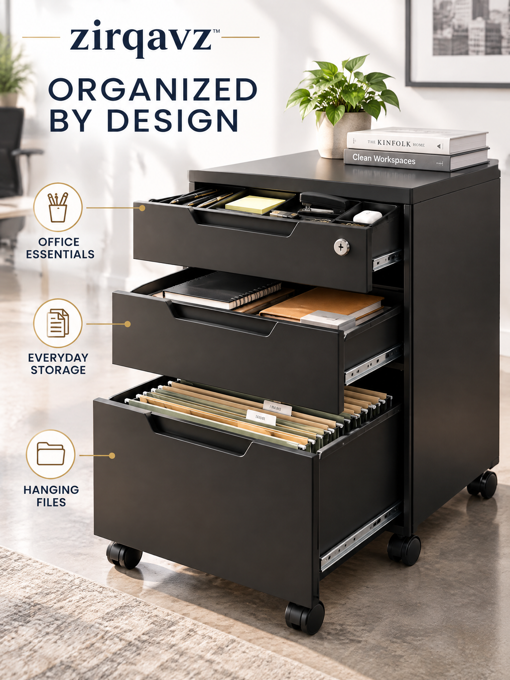 zirqavz™ FileCore 3-Drawer Mobile File Cabinet
