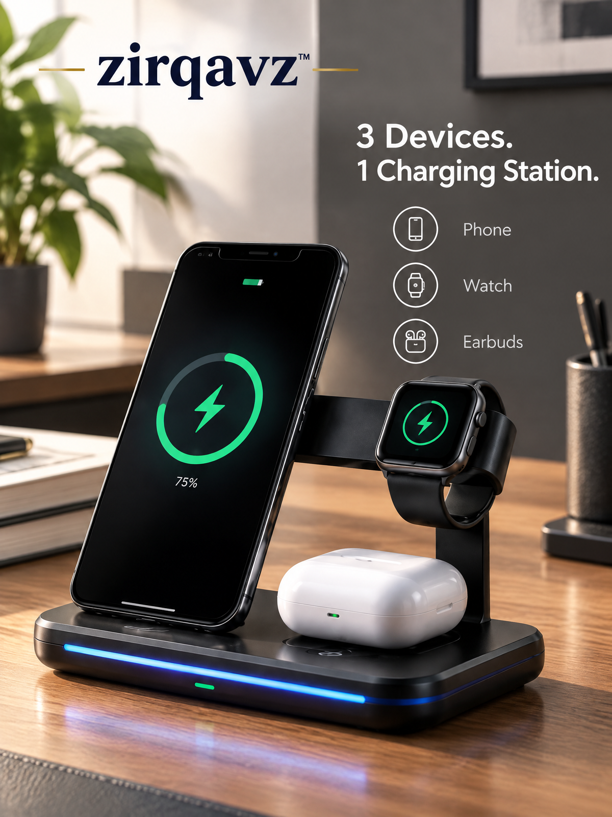 zirqavz™ PowerDock 3-in-1 Wireless Charging Station
