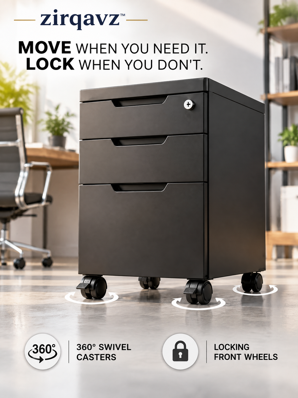 zirqavz™ FileCore 3-Drawer Mobile File Cabinet